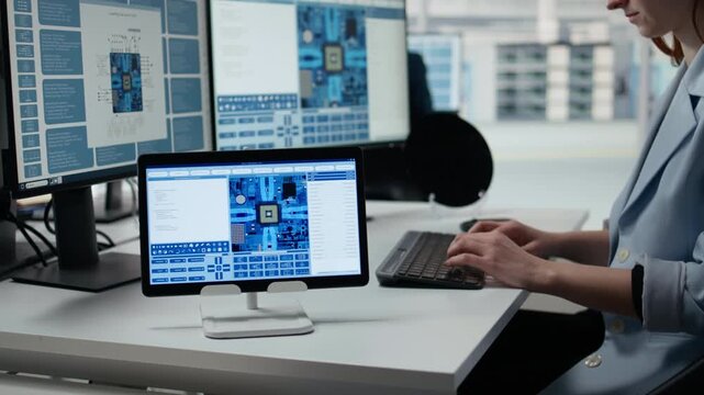 Female technician reviews microchip production operations using devices app in factory workspace, r&D office employee uses tablet and PC to improve semiconductor hardware performance.