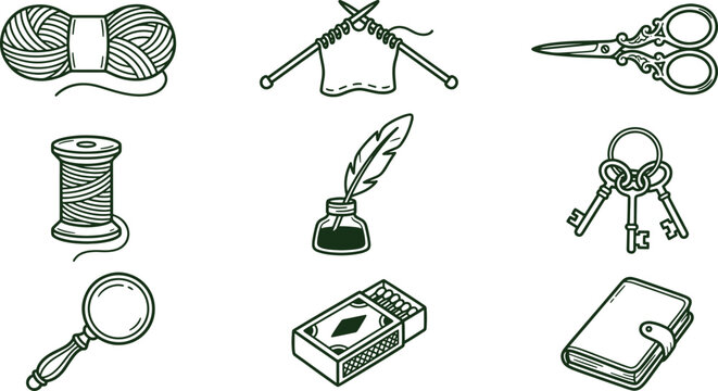Set of nine linear depicting craft and stationery including a ball of yarn, knitting needles, scissors, a spool of thread, a feather pen, keys, a