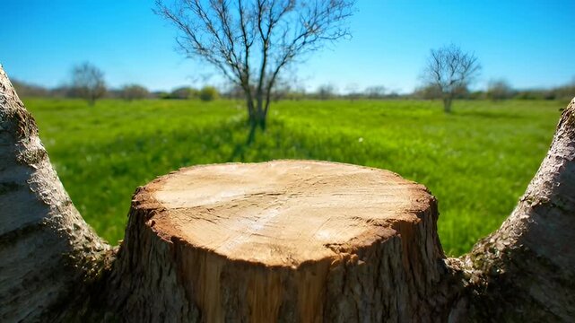 A tree stump sits in a green field with a leafless tree and blue sky.