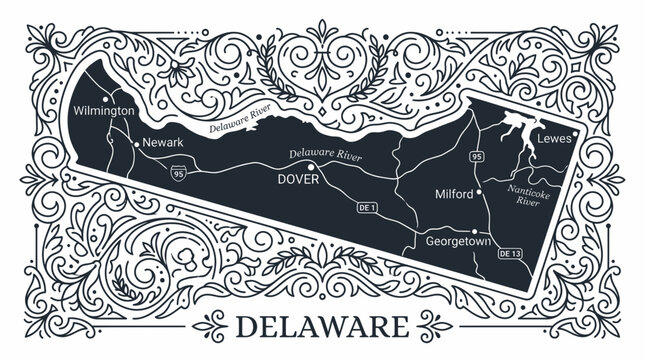 Delaware Map with Ornate Border and City Labels