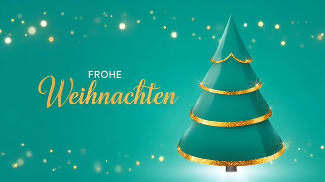 A festive green Christmas tree stands on a snowy white base with gold decorations against a sparkling teal background with Frohe Weihnachten text.