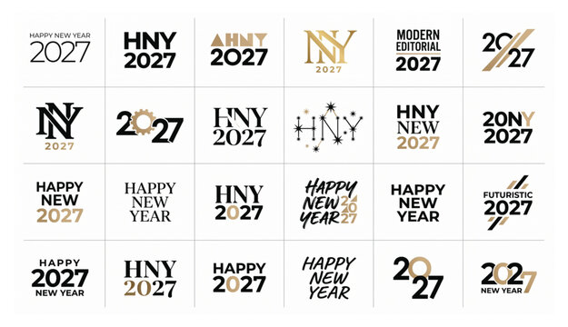 Modern happy new year 2027 typography logo templates with typography template celebration minimalist geometric abstract monogram branding greeting invitation lettering decoration
