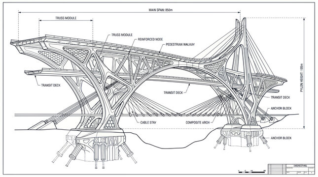 Modern Cable-Stayed Bridge Blueprint - Architectural Design and Engineering Plan