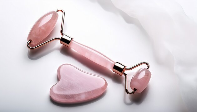 Pink Gua Sha Massage Tool On A White Background Close Up Rose Quartz Jade Roller