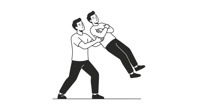 Two men performing a trust fall exercise in a studio.
