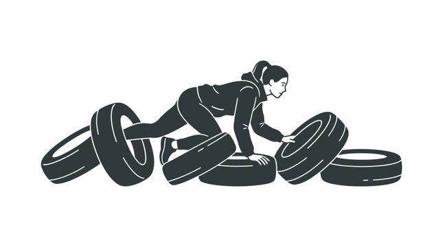 A woman performing a challenging obstacle course workout by crawling through and over tires.
