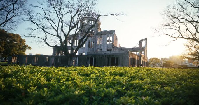 Hiroshima Peace Memorial Atomic Bomb Dome at Golden Hour - Epic Tracking Shot