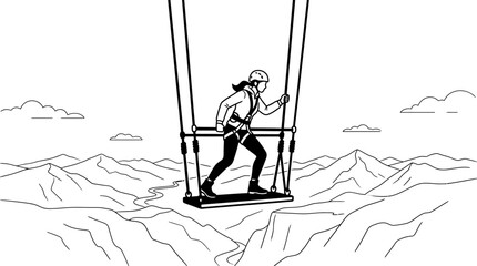 A person wearing a safety harness stands on a suspended platform high above the ground. © AlyaNaja