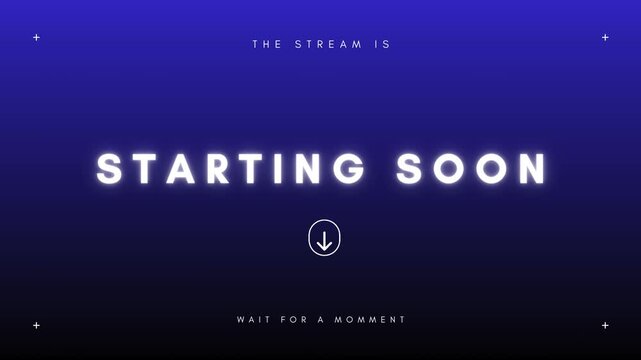 A digital broadcast screen displays 'STARTING SOON' with neon text, a countdown graphic, and 'WAIT FOR A MOMENT' message on a dark blue background, ideal for live streams.