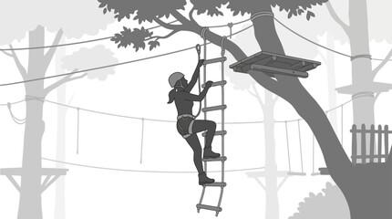 A silhouette of a person climbing a rope ladder in a high ropes adventure course. © AlyaNaja