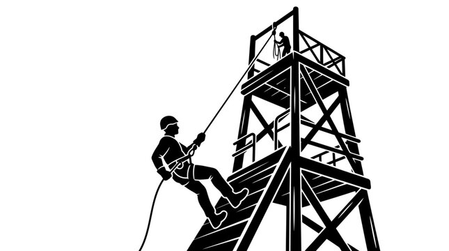 A silhouette illustration of a worker rappelling down from a tall industrial tower structure.
