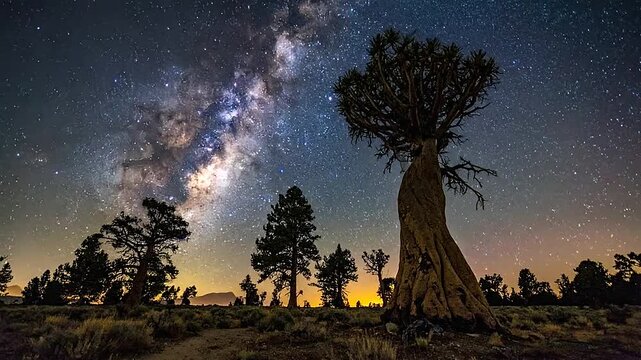 Ancient twisted trees stand under a brilliant starry at night