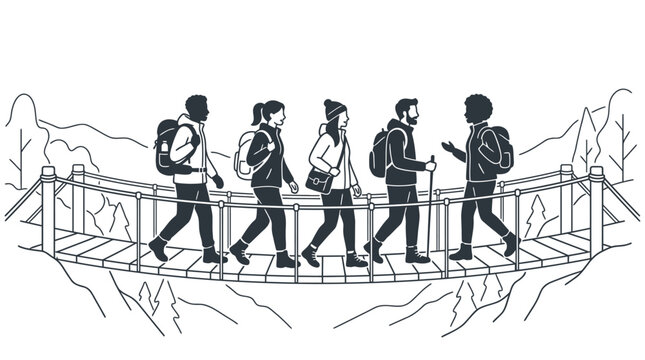 A group of five hikers walking across a suspension bridge in nature.