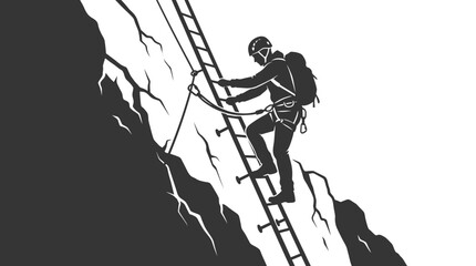 A silhouette illustration of a mountaineer climbing a steep ladder on a rocky cliff face. © AlyaNaja