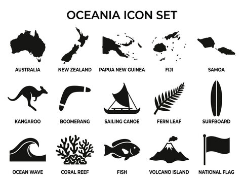 Simple flat silhouette vector icons of Oceania countries, boomerang, coral reef, surfboard, kangaroo, volcano island, sailing canoe, fern leaf, national flag, fish, and ocean wave