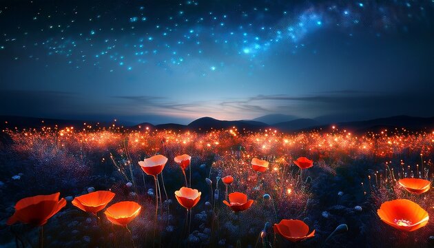 A Field Of Glowing Poppy Flowers At Night