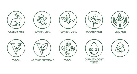 Minimalist line art icons for natural and ethical product claims. Features symbols like cruelty-free, vegan, GMO-free, and dermatologically tested certifications © Awais