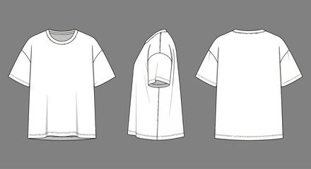 Naklejka premium Blank Oversized White T-Shirt Apparel Technical Design Sketch Vector Template for Fashion Clothing Manufacturing and Prototyping