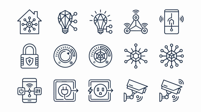 A collection of modern, minimalist line icons representing smart home technology and connectivity, including security cameras, smart plugs, a smartphone interface, a house icon, and connected devices