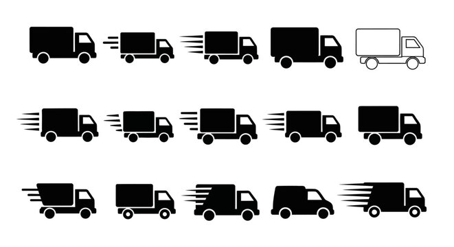 Set of various delivery trucks in different styles and speeds, vector illustration for logistics and shipping concepts