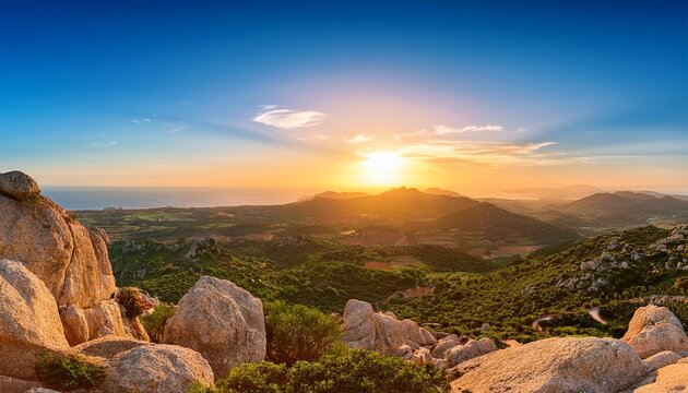 Sunrise Panorama Over Sardinian Countryside From Giara Di Gesturi