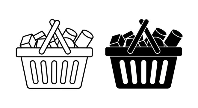 Shopping cart icon with grocery items, representing commerce and retail, available in outline and filled styles