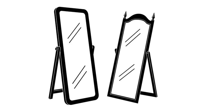 Two elegant full length floor standing cheval mirrors illustration in black and white line art style