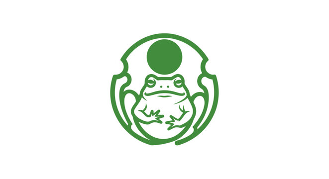Green frog logo with circular design element.
