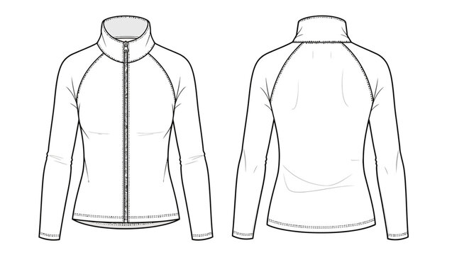 Technical fashion illustration showcasing a long-sleeved athletic zip-up jacket for active women, featuring front and back views with detailed design for sportswear or fitness apparel