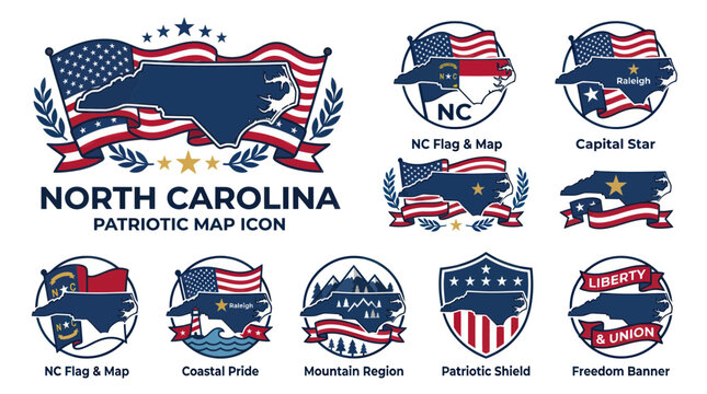 North Carolina Map Icon Set: Patriotic USA Flag & State Outline Collection