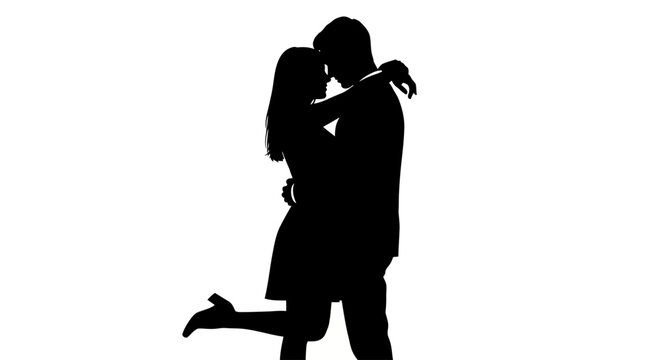 A tender embrace between a loving couple, captured in a striking silhouette, symbolizing affection and intimacy on a pristine white background