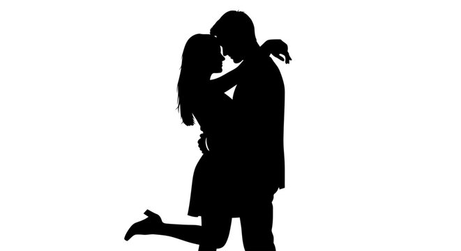 Silhouette of a romantic couple embracing and hugging in a loving pose on white background