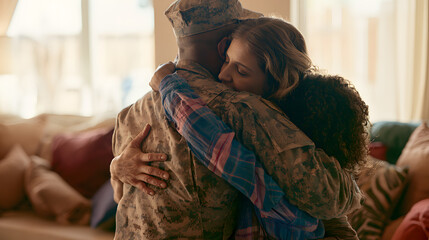Obraz premium A soldier was greeted with a warm embrace by his wife and daughter as they rejoiced at their reunion in the living room, which was adorned with plush cushions