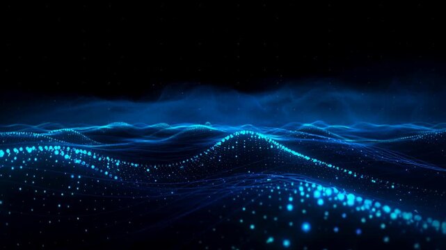 Abstract digital wave landscape with glowing blue particles and flowing lines representing technology data