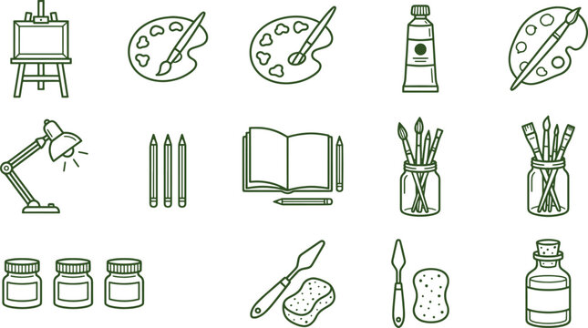 Artistic supplies and painting tools collection including easels, paint palettes, brushes, lamps, and sketchbooks in a green outline style