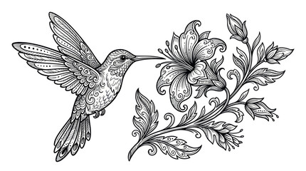 Hummingbird Feeding on Ornate Flower - Detailed Line Art Illustration © hidayati