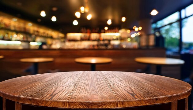 Wooden Round Table And Pub Or Bar Blur Background