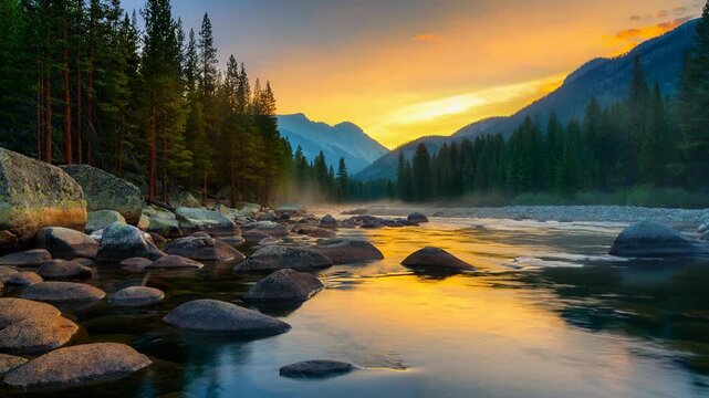 Serene mountain river landscape with pine trees and colorful sunset reflecting on water