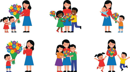 Fototapeta premium Mother with children giving flowers diverse family moments illustration for greeting cards and celebrations