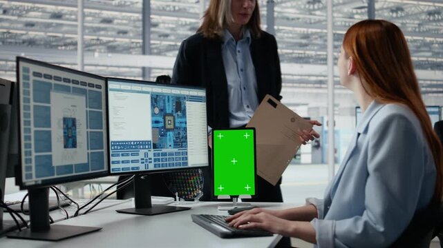 Mockup green screen tablet, examining microchip circuit layout and female technician in factory office.