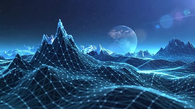 Glowing blue digital wireframe landscape with mountains under a starry sky