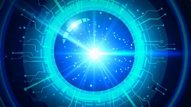 Futuristic digital eye with glowing blue technology circuits and light rays design