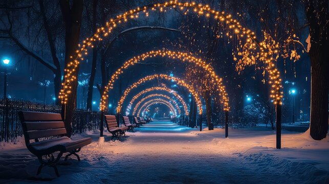 Sparkling light archway creates enchanting atmosphere in urban park at night during winter season