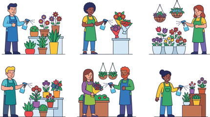 Fototapeta premium Florist watering plants and flowers in a shop flat design illustration set for retail and gardening concepts