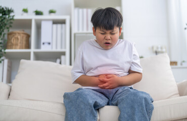 Fototapeta premium Portrait of sick unhappy little child asian boy touching belly stomach with suffering from stomach ache pain, gastritis, gastroenteritis, food poisoning, diarrhea, intestinal inflammation at home