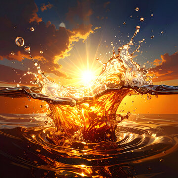 Dynamic Golden Liquid Splash Against Sunset Sky