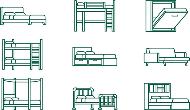 Set of nine dark green line depicting various bed types, including bunk beds, canopy beds, sofa beds, and storage beds for bedrooms