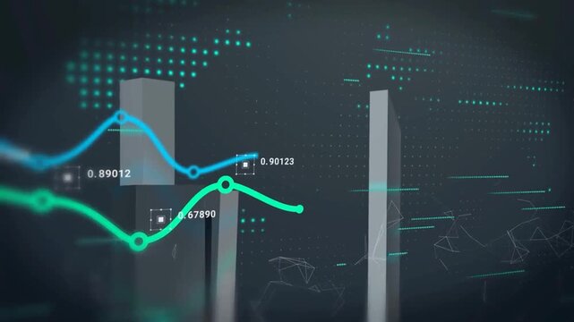 Financial big data stock market analytics background, abstract corporate business backdrop with glowing line graphs 3D bar charts numbers and digital world map for trading presentation video