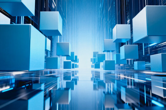 Floating 3D cubes in a sleek, futuristic digital abstract space with reflective surfaces, representing modern technology and data concepts.