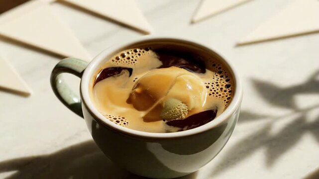 Sunlit affogato moment with espresso cascading from a glass server over melting gelato in an olive ceramic cup, created as a refined coffee ice cream day dessert scene with tropical leaf shadows